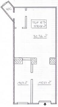 Abbildung 1.1: Der Grundriss zum Zeitpunkt des Kaufes. Die obere Hälfte (32,36m2) ist der Bereich der schallisoliert werden soll.